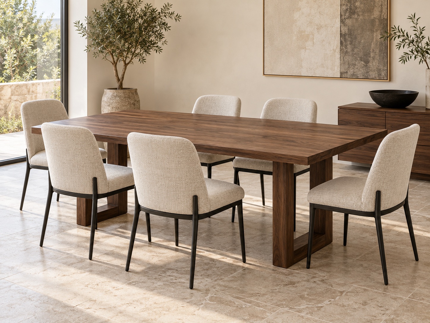 Walnut dining table with six upholstered chairs